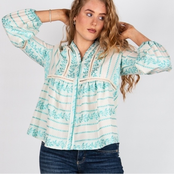 Kasia Tops - Kasia Cut Out Embroidered Balloon Sleeve Boho Blouse Turquoise Medium